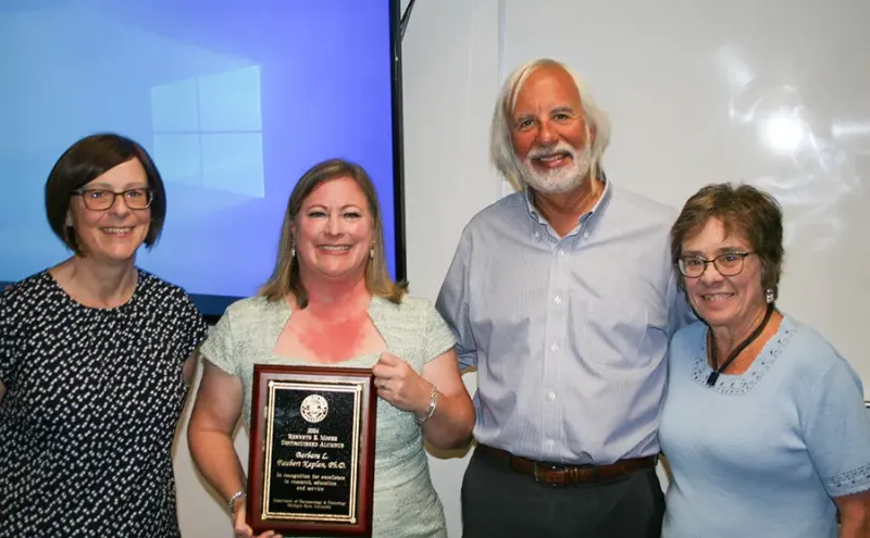 Kenneth E. Moore Distinguished Alumna Award recipient Dr. Barbara Kaplan is joined by (from left) PhmTox Department chairperson Dr. Anne Dorrance, former colleague and mentor Dr. Norb Kaminski and award coordinator Dr. Susan Barman.